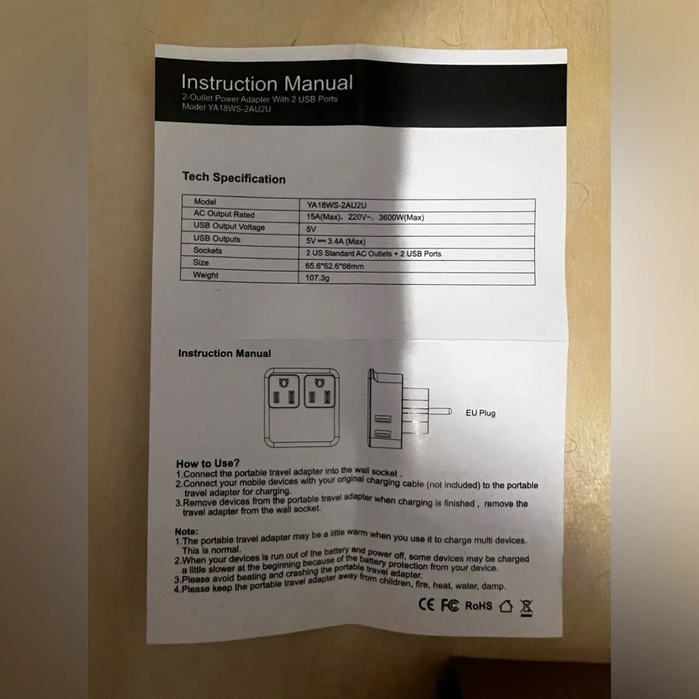 EU to US Wall outlet Adapter